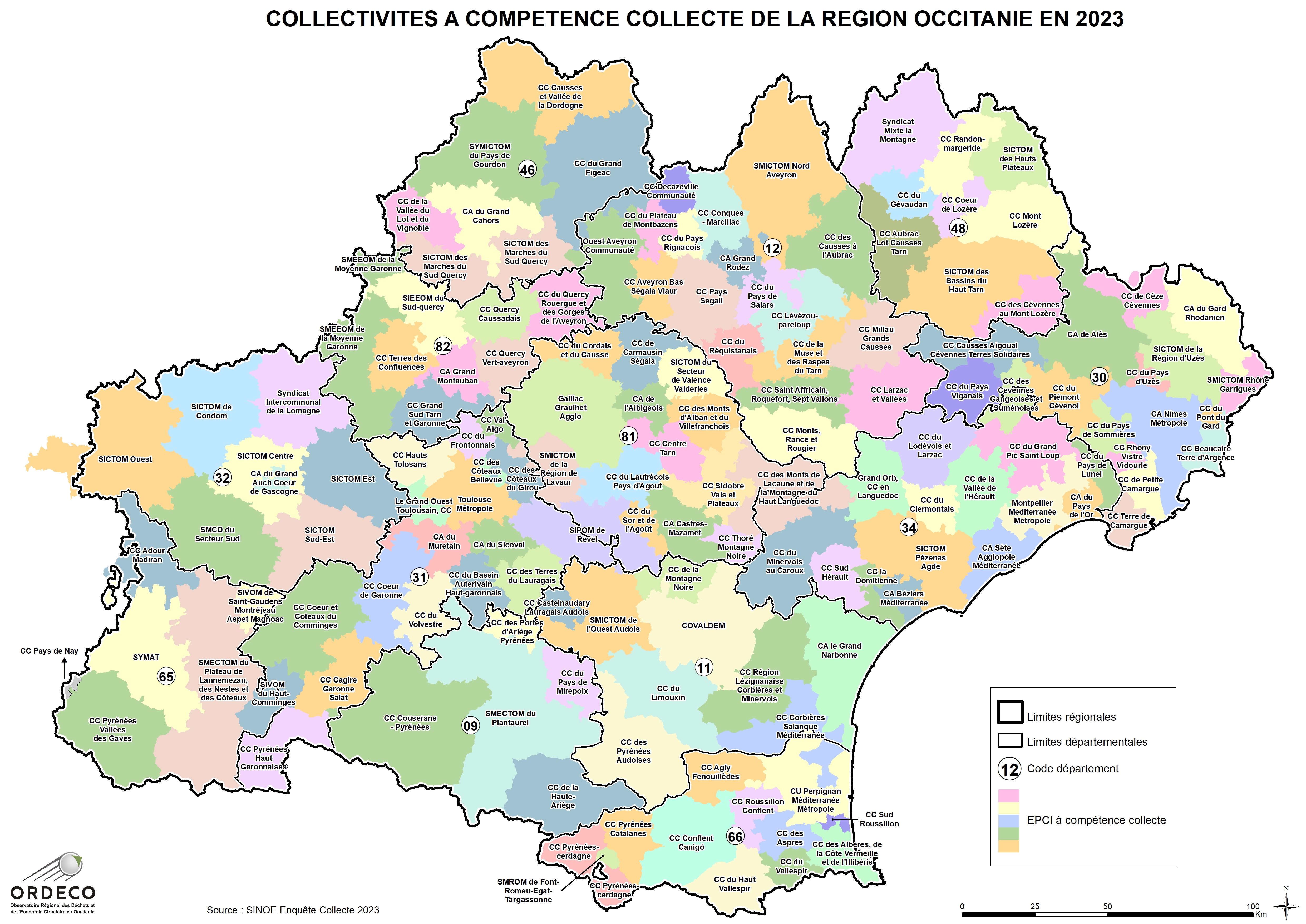 Cartographies régionale et par département, des EPCI d'Occitanie, ayant des compétences en matière de collecte des déchets