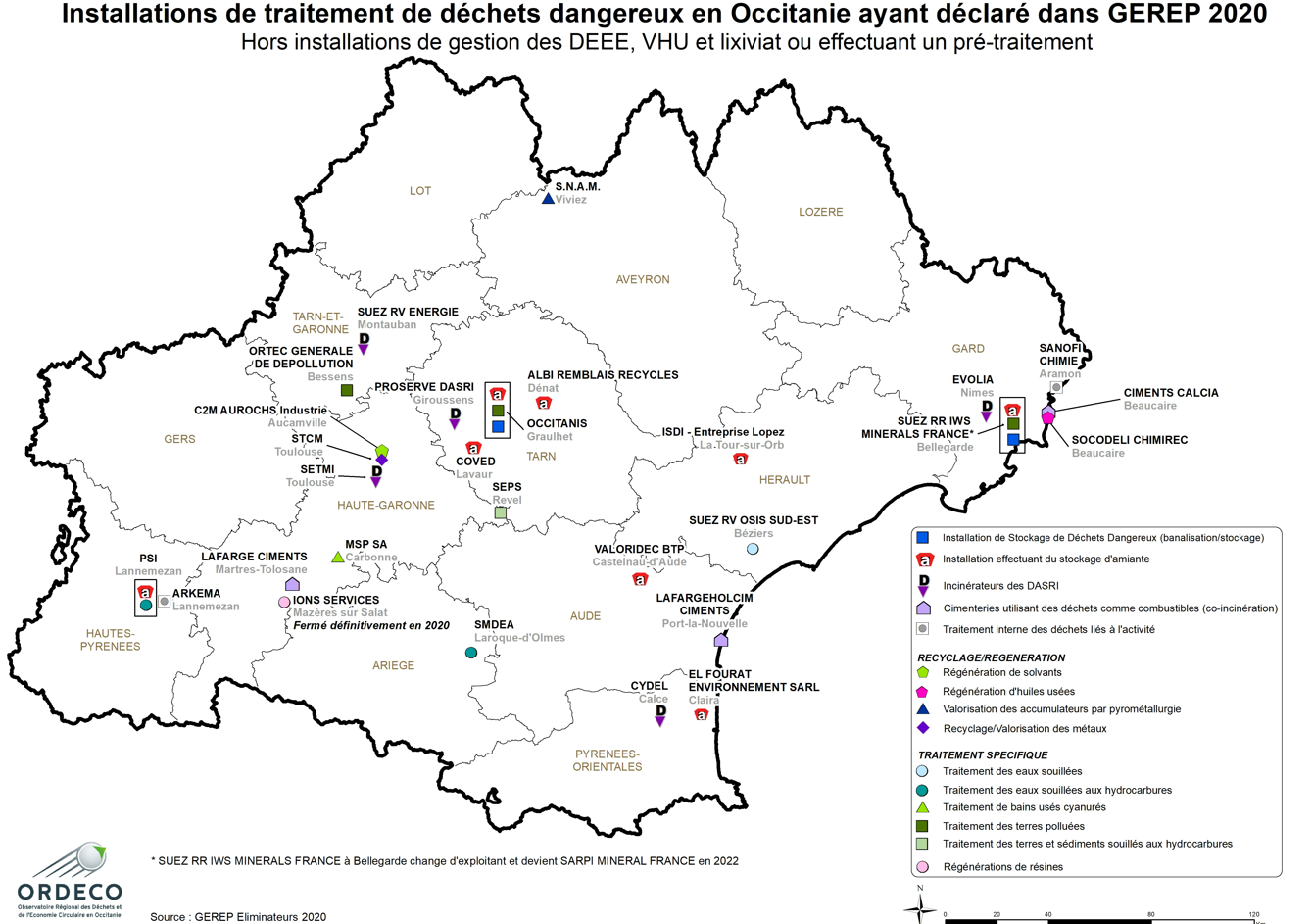 - Les installations de traitement de déchets dangereux en Occitanie, ayant déclaré dans GEREP - 2020