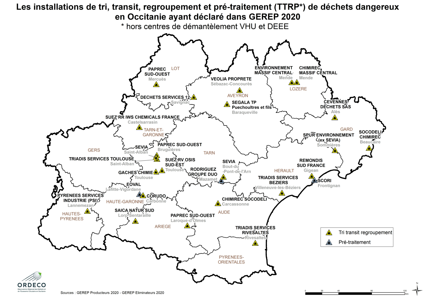 Les installations de tri, transit, regroupement et pré-traitement (TTRP) de déchets dangereux d'Occitanie, ayant déclaré dans GEREP 2020