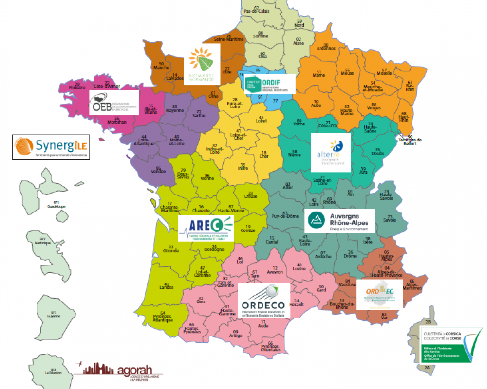 Carte des observatoires de déchets et éco circ 2020 en France