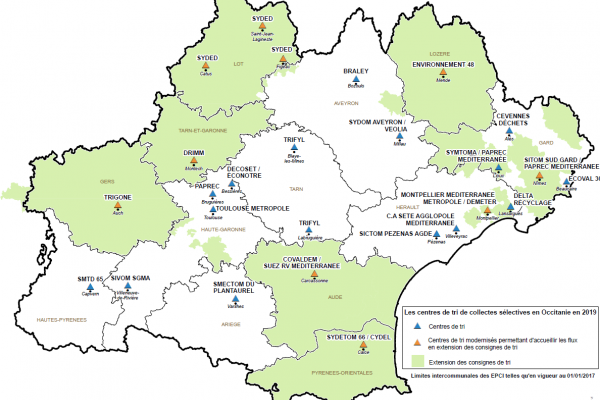 Territoires en extension des consignes de tri à tous les emballages plastiques, en Occitanie, en 2019
