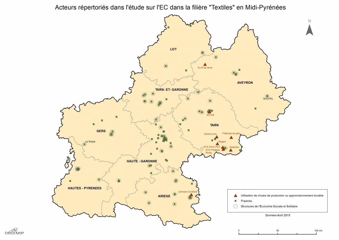 Carte acteurs Textiles de ECC en Midi-Pyrénées en 2015