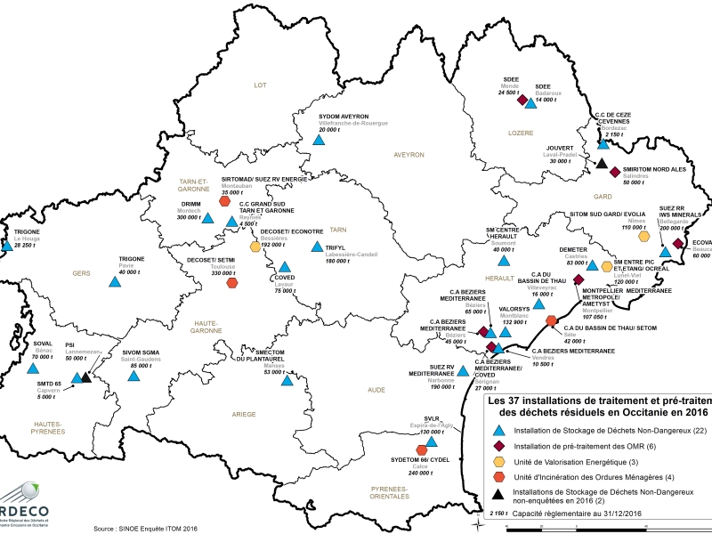Carte des Installation de traitement et prétraitement de DR en Occitanie en 2016 ITOM