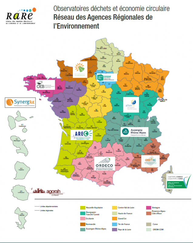 Carte des observatoires de déchets et éco circ 2020 en France