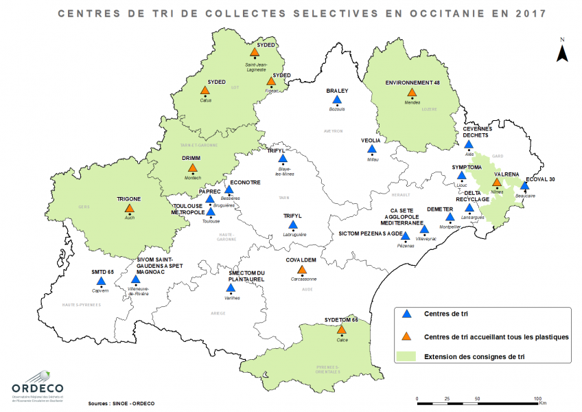 Figure 38 - Centres de tri CS et territoires ECT Occitanie 2017